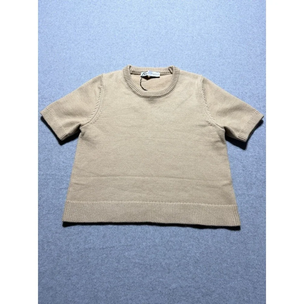 NWOT Zara Women’s Fitted Sweater Knit Short Sleeve Tan Size M